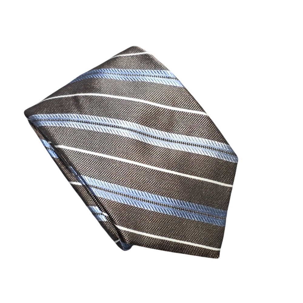 Pronto Uomo 100% Silk Necktie Men's Brown Blue White Diagonal Striped Hand Made
